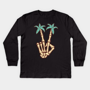 Palm Tree Skeleton Hand Peace Sign Kids Long Sleeve T-Shirt